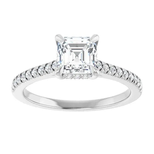 14K White Gold 1 CTW Asscher-Cut Diamond Engagement Ring with Pavé Band