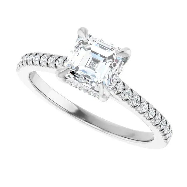 14K White Gold 1 CTW Asscher-Cut Diamond Engagement Ring with Pavé Band