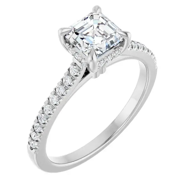 14K White Gold 1 CTW Asscher-Cut Diamond Engagement Ring with Pavé Band