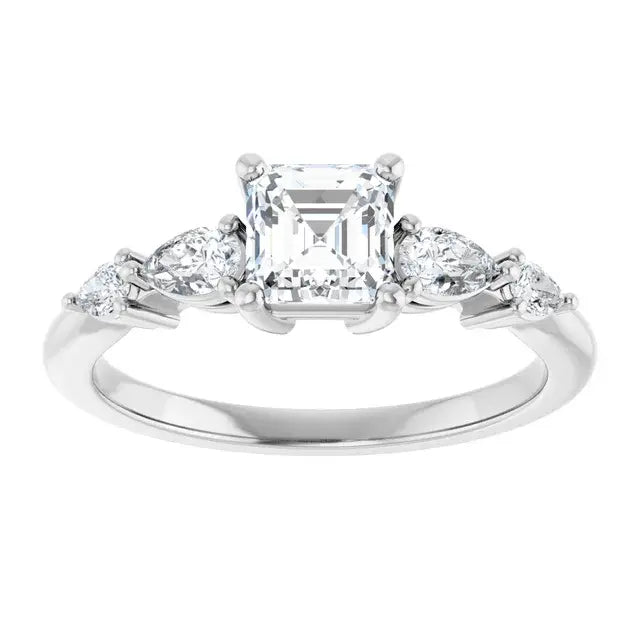 14K White Gold 1 CTW Asscher-Cut Diamond Engagement Ring with Pear and Round Accents