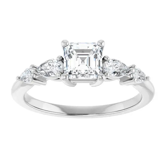 14K White Gold 1 CTW Asscher-Cut Diamond Engagement Ring with Pear and Round Accents