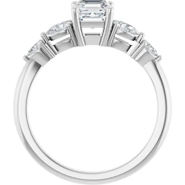 14K White Gold 1 CTW Asscher-Cut Diamond Engagement Ring with Pear and Round Accents