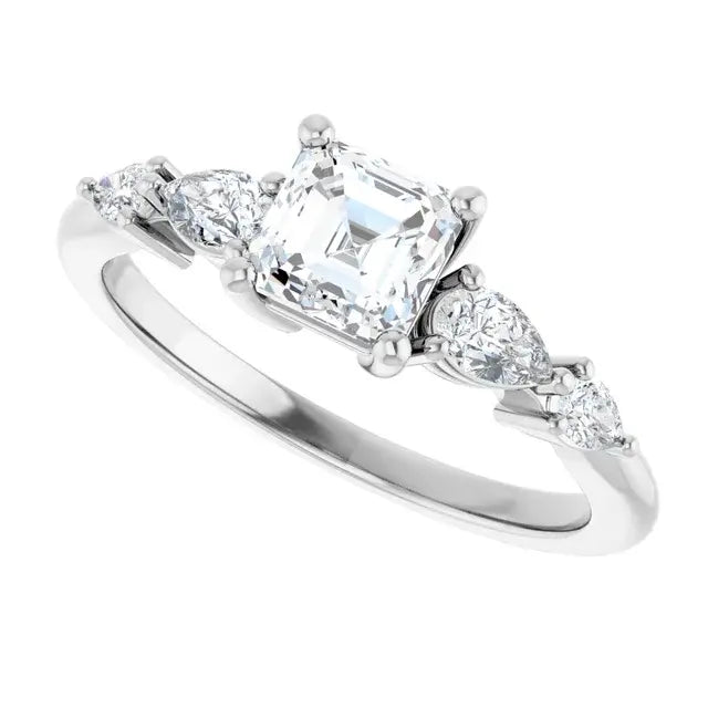 14K White Gold 1 CTW Asscher-Cut Diamond Engagement Ring with Pear and Round Accents