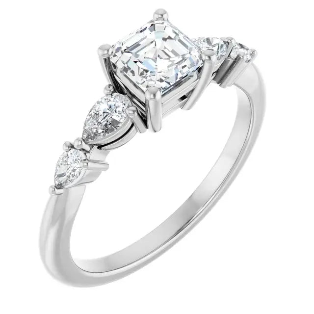 14K White Gold 1 CTW Asscher-Cut Diamond Engagement Ring with Pear and Round Accents