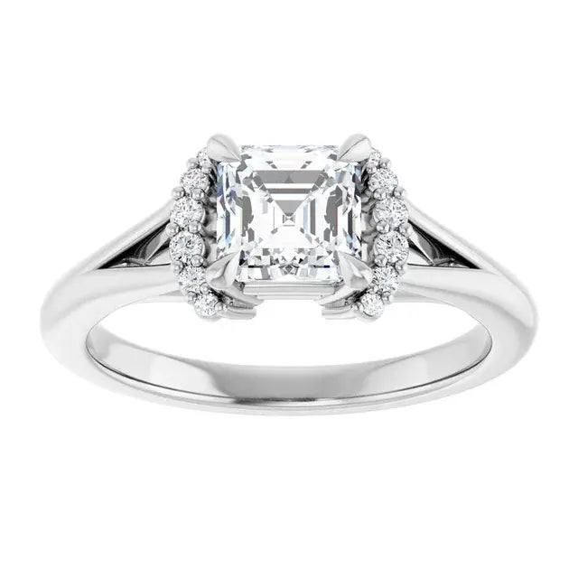 14K White Gold 1 CTW Asscher-Cut Diamond Engagement Ring with Split Shank and Round Halo Accents