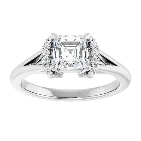 14K White Gold 1 CTW Asscher-Cut Diamond Engagement Ring with Split Shank and Round Halo Accents