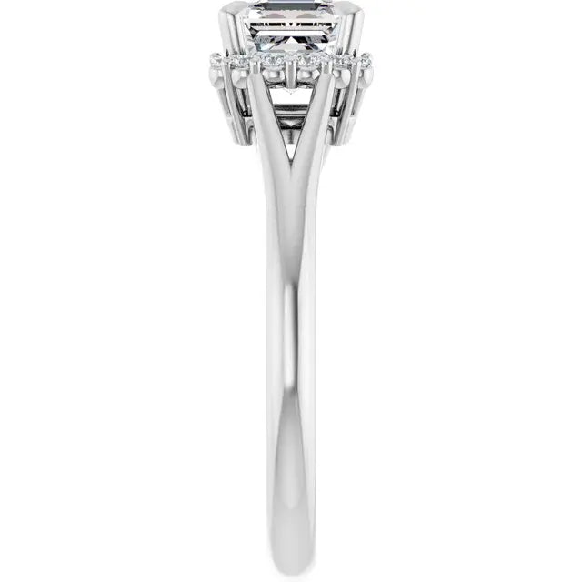 14K White Gold 1 CTW Asscher-Cut Diamond Engagement Ring with Split Shank and Round Halo Accents