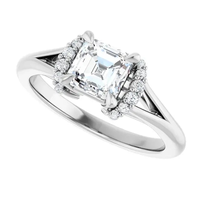 14K White Gold 1 CTW Asscher-Cut Diamond Engagement Ring with Split Shank and Round Halo Accents