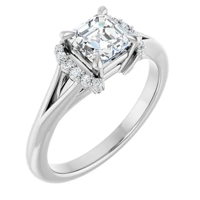 14K White Gold 1 CTW Asscher-Cut Diamond Engagement Ring with Split Shank and Round Halo Accents