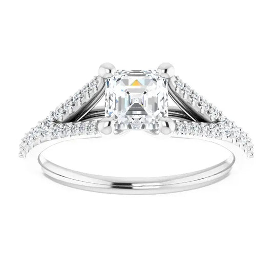 14K White Gold 1 CTW Asscher-Cut Diamond Split Shank Engagement Ring with Pavé Accents