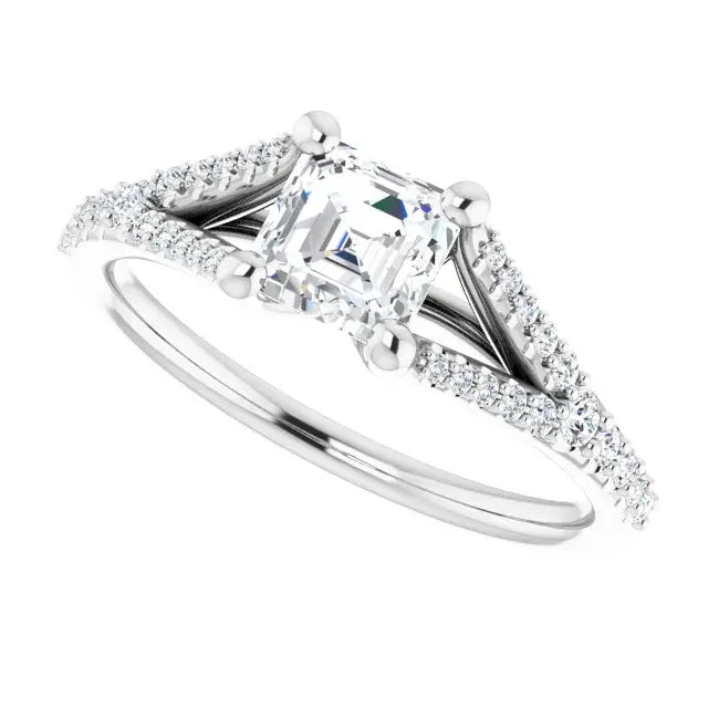 14K White Gold 1 CTW Asscher-Cut Diamond Split Shank Engagement Ring with Pavé Accents