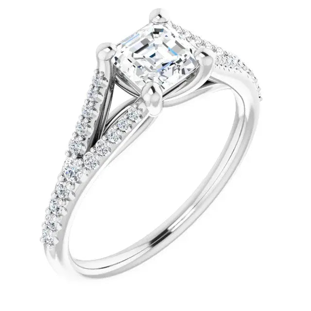 14K White Gold 1 CTW Asscher-Cut Diamond Split Shank Engagement Ring with Pavé Accents