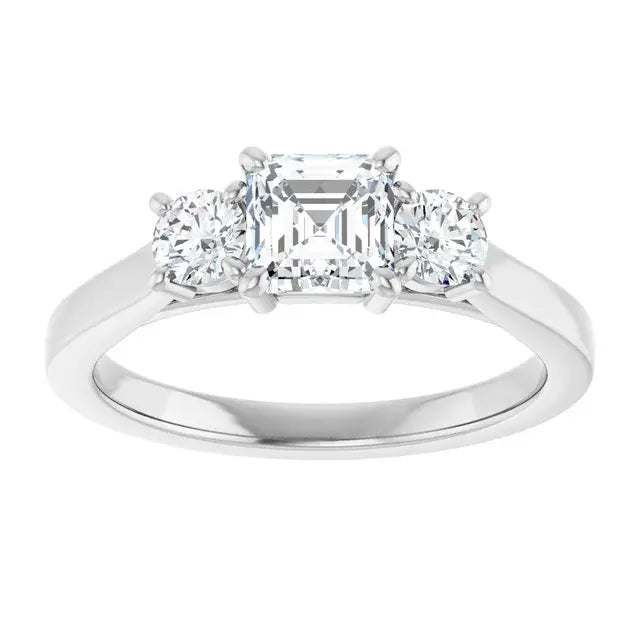 14K White Gold 1 CTW Asscher-Cut Diamond Three-Stone Engagement Ring with Round Accents