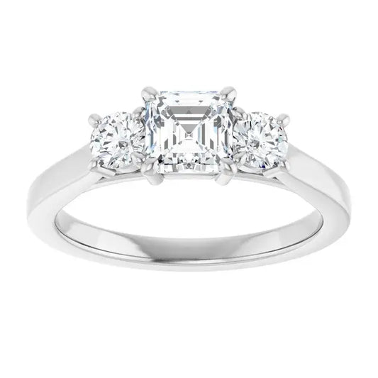 14K White Gold 1 CTW Asscher-Cut Diamond Three-Stone Engagement Ring with Round Accents