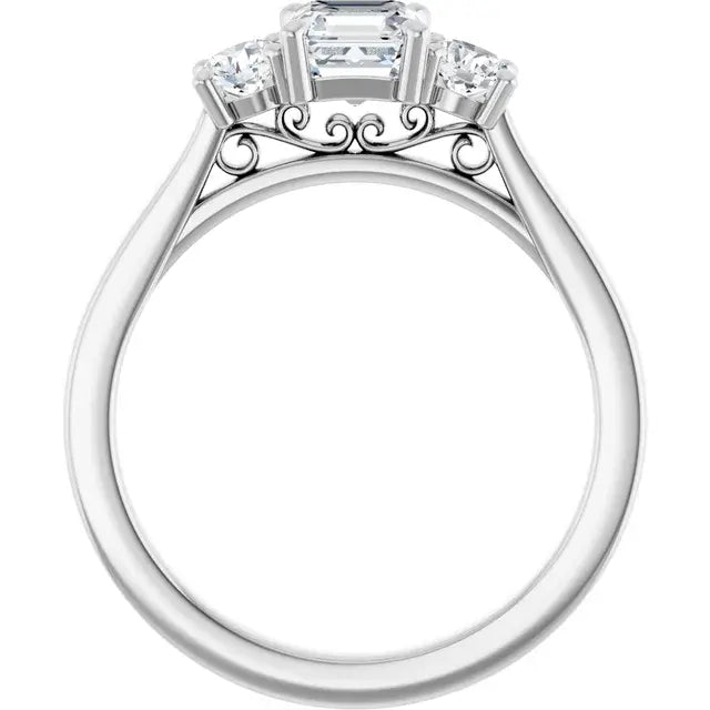 14K White Gold 1 CTW Asscher-Cut Diamond Three-Stone Engagement Ring with Round Accents