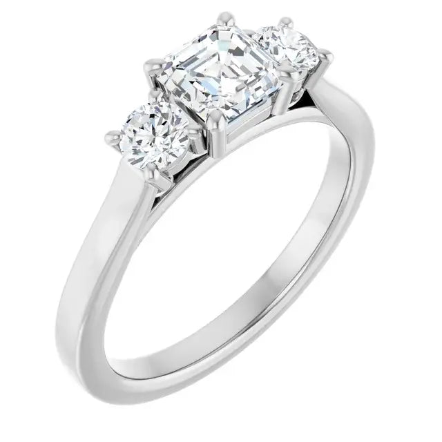 14K White Gold 1 CTW Asscher-Cut Diamond Three-Stone Engagement Ring with Round Accents