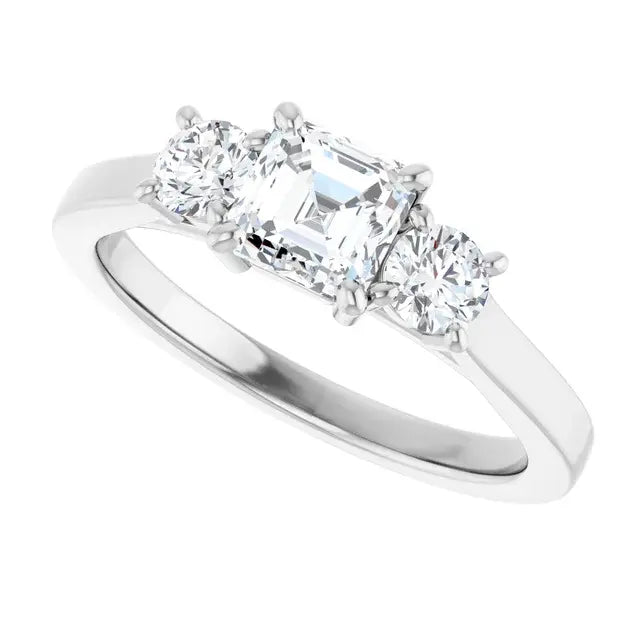 14K White Gold 1 CTW Asscher-Cut Diamond Three-Stone Engagement Ring with Round Accents