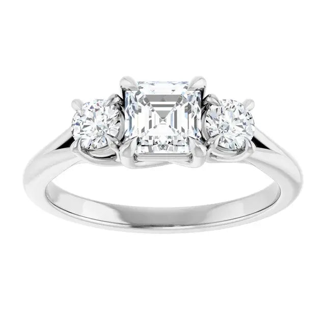14K White Gold 1 CTW Asscher-Cut Diamond Three-Stone Engagement Ring with Round Side Diamonds