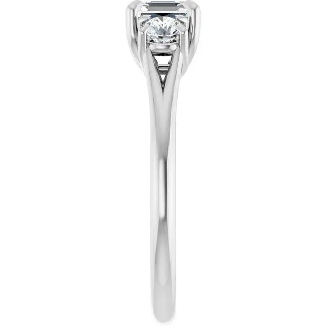 14K White Gold 1 CTW Asscher-Cut Diamond Three-Stone Engagement Ring with Round Side Diamonds