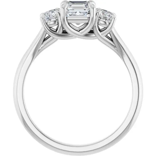 14K White Gold 1 CTW Asscher-Cut Diamond Three-Stone Engagement Ring with Round Side Diamonds