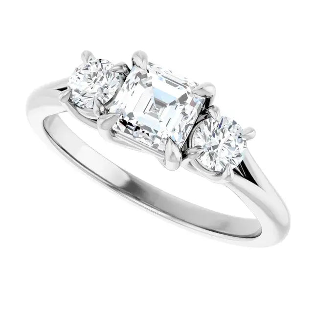 14K White Gold 1 CTW Asscher-Cut Diamond Three-Stone Engagement Ring with Round Side Diamonds