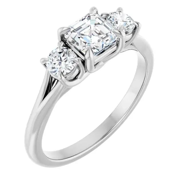 14K White Gold 1 CTW Asscher-Cut Diamond Three-Stone Engagement Ring with Round Side Diamonds