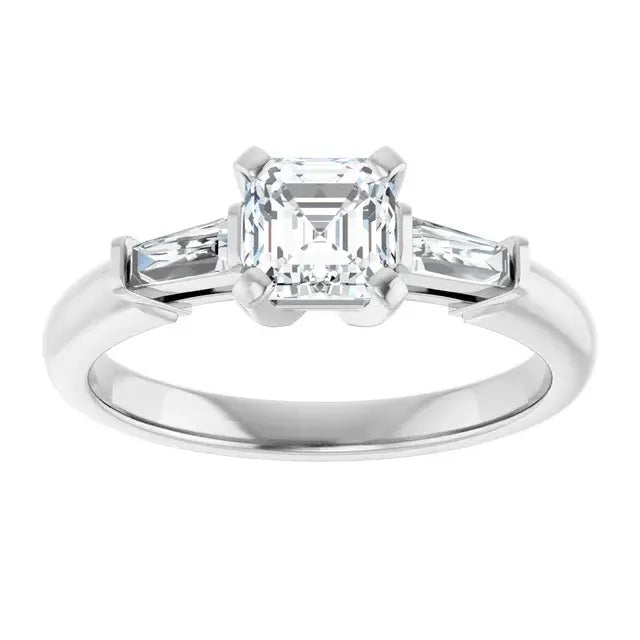 14K White Gold 1 CTW Asscher-Cut Diamond Three-Stone Engagement Ring with Tapered Baguette Accents