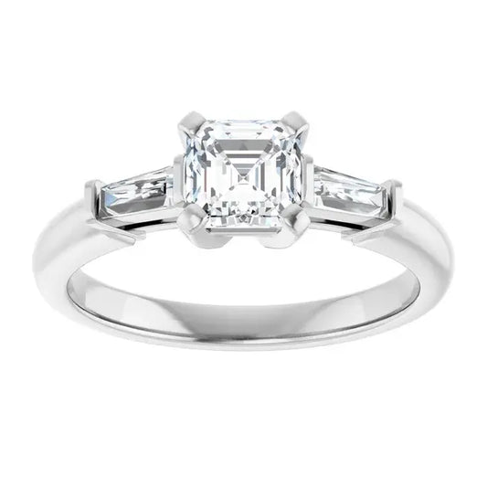 14K White Gold 1 CTW Asscher-Cut Diamond Three-Stone Engagement Ring with Tapered Baguette Accents