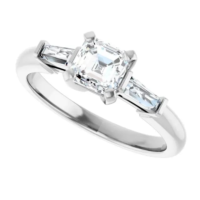 14K White Gold 1 CTW Asscher-Cut Diamond Three-Stone Engagement Ring with Tapered Baguette Accents