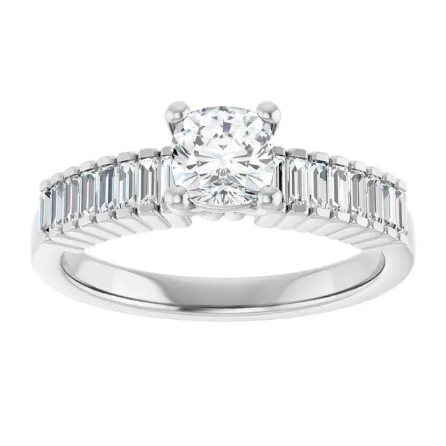 14K White Gold 1 CTW Cushion-Cut Diamond Engagement Ring with Baguette Diamond Band