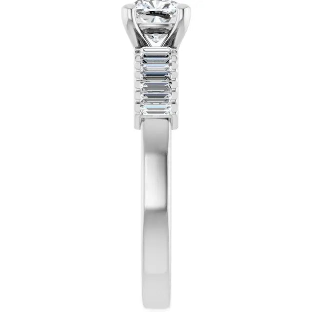 14K White Gold 1 CTW Cushion-Cut Diamond Engagement Ring with Baguette Diamond Band