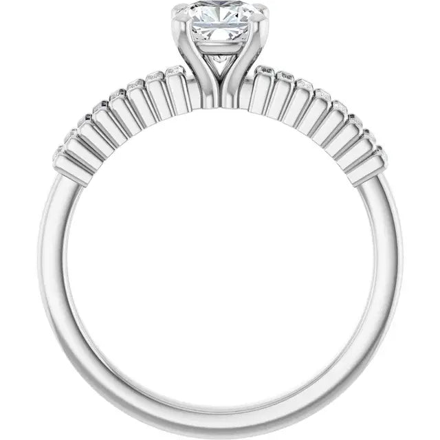 14K White Gold 1 CTW Cushion-Cut Diamond Engagement Ring with Baguette Diamond Band