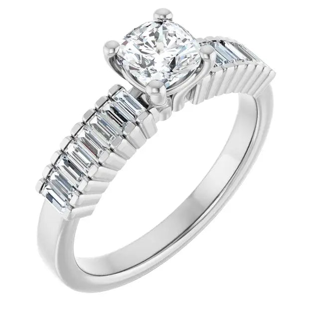 14K White Gold 1 CTW Cushion-Cut Diamond Engagement Ring with Baguette Diamond Band