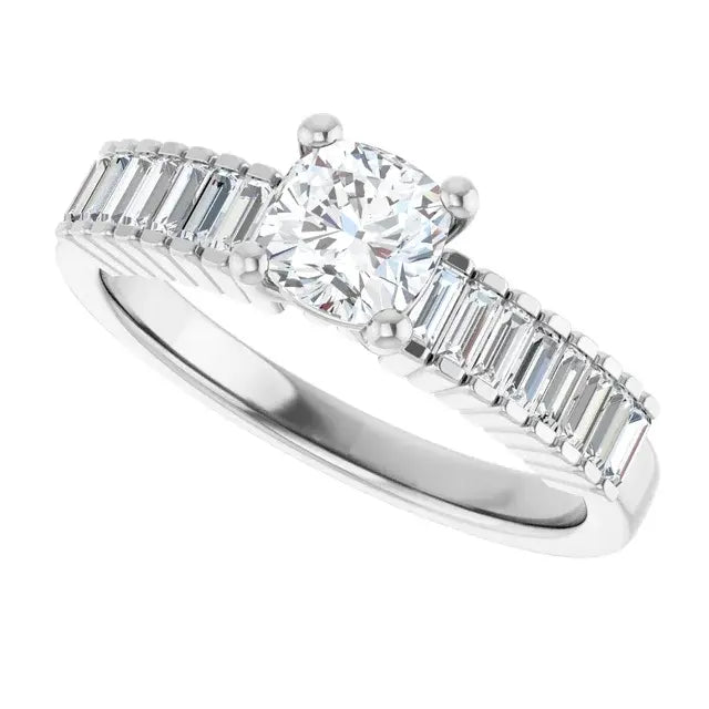 14K White Gold 1 CTW Cushion-Cut Diamond Engagement Ring with Baguette Diamond Band