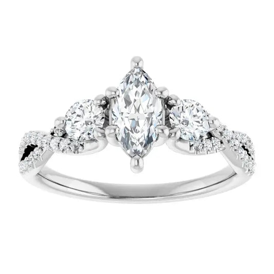 14K White Gold 1 CTW Marquise Cut Diamond Three-Stone Engagement Ring with Round Accents and Twisted Pavé Band