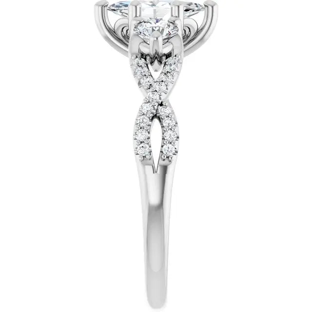 14K White Gold 1 CTW Marquise Cut Diamond Three-Stone Engagement Ring with Round Accents and Twisted Pavé Band