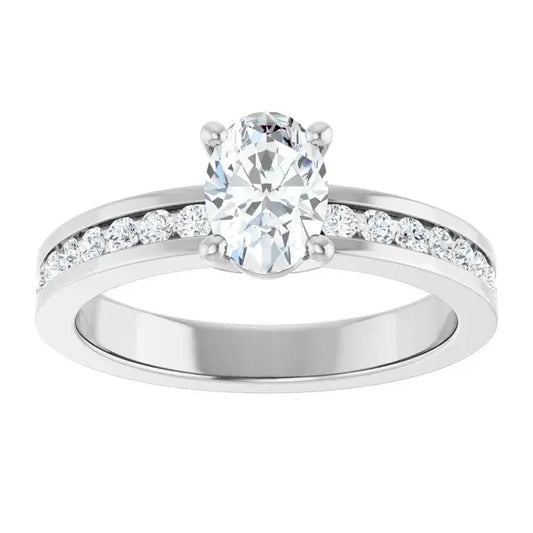 14K White Gold 1 CTW Oval-Cut Diamond Engagement Ring with Channel-Set Diamond Band