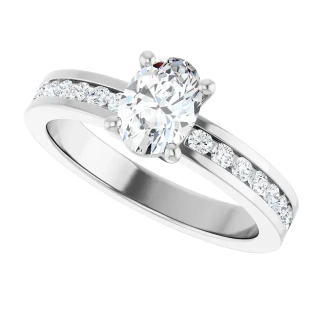 14K White Gold 1 CTW Oval-Cut Diamond Engagement Ring with Channel-Set Diamond Band