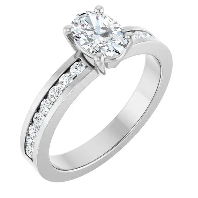 14K White Gold 1 CTW Oval-Cut Diamond Engagement Ring with Channel-Set Diamond Band