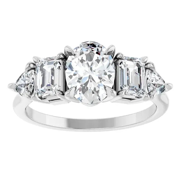 14K White Gold 1 CTW Oval-Cut Diamond Five-Stone Engagement Ring with Emerald and Half-Moon Side Diamonds