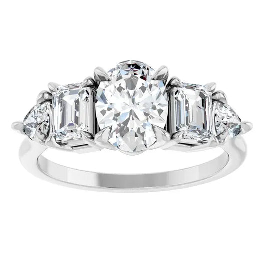 14K White Gold 1 CTW Oval-Cut Diamond Five-Stone Engagement Ring with Emerald and Half-Moon Side Diamonds