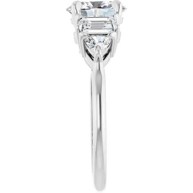 14K White Gold 1 CTW Oval-Cut Diamond Five-Stone Engagement Ring with Emerald and Half-Moon Side Diamonds