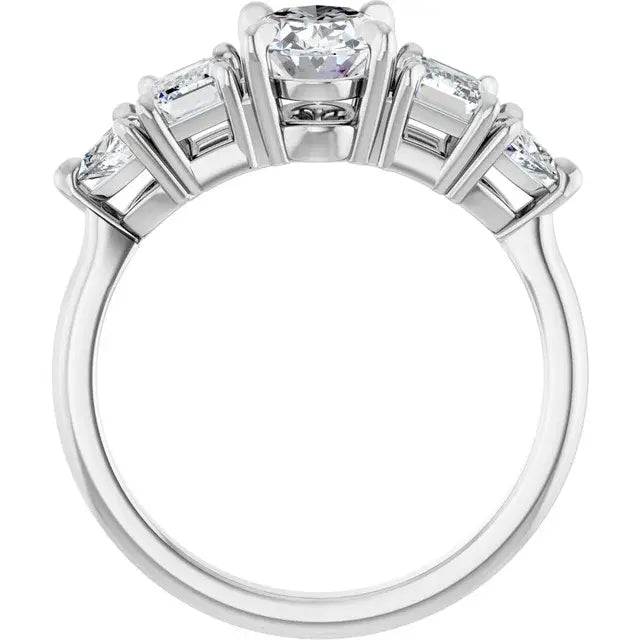 14K White Gold 1 CTW Oval-Cut Diamond Five-Stone Engagement Ring with Emerald and Half-Moon Side Diamonds
