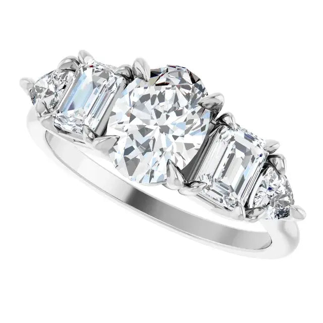 14K White Gold 1 CTW Oval-Cut Diamond Five-Stone Engagement Ring with Emerald and Half-Moon Side Diamonds