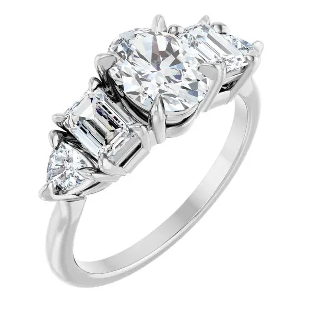 14K White Gold 1 CTW Oval-Cut Diamond Five-Stone Engagement Ring with Emerald and Half-Moon Side Diamonds