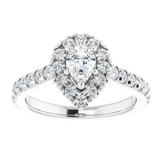 14K White Gold 1 CTW Pear-Shaped Diamond Halo Engagement Ring with Pavé Band