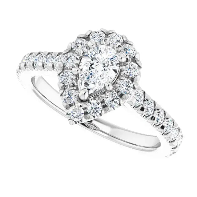 14K White Gold 1 CTW Pear-Shaped Diamond Halo Engagement Ring with Pavé Band
