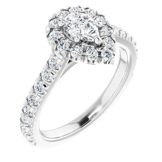 14K White Gold 1 CTW Pear-Shaped Diamond Halo Engagement Ring with Pavé Band