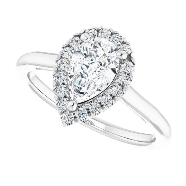 14K White Gold 1 CTW Pear-Shaped Diamond Halo Engagement Ring with Tapered Shank