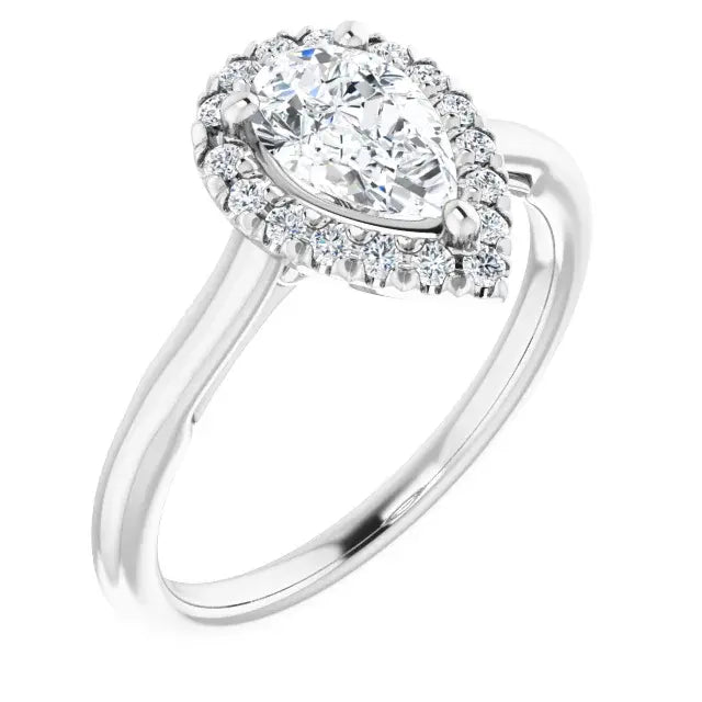 14K White Gold 1 CTW Pear-Shaped Diamond Halo Engagement Ring with Tapered Shank